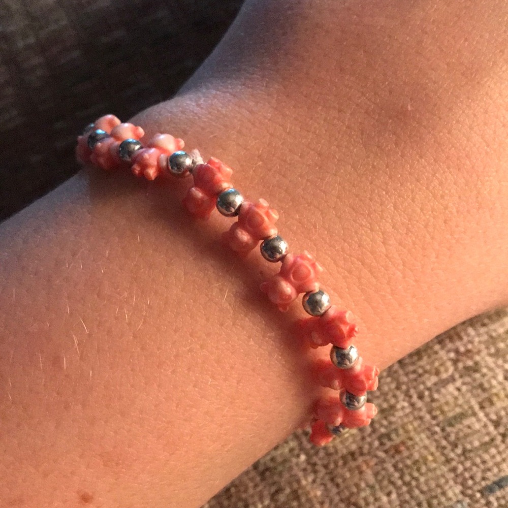 Pink Bear & Silver Ball Elastic Bracelet